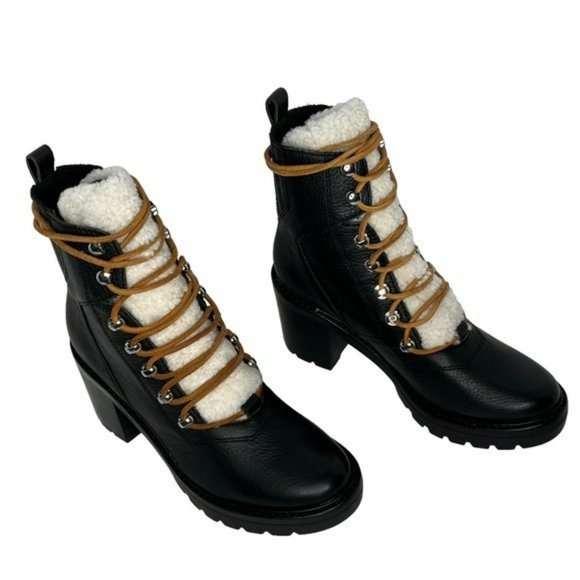 Marc Fisher Black Denise Leather Sheep Fur Combat Moto Ankle Boots Size 7.5M - Picture 13 of 16